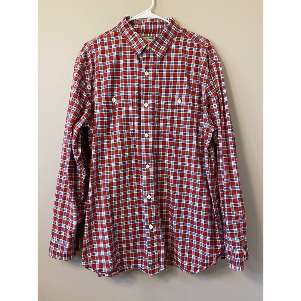 L.L. Bean Mens Large Red Plaid Long Sleeve 100% Cotton Twill Button Up Shirt